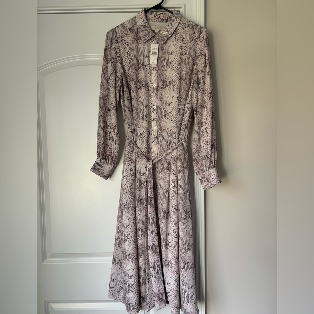 LOFT Long Sleeve Snake Print Dress - Gray and Cream